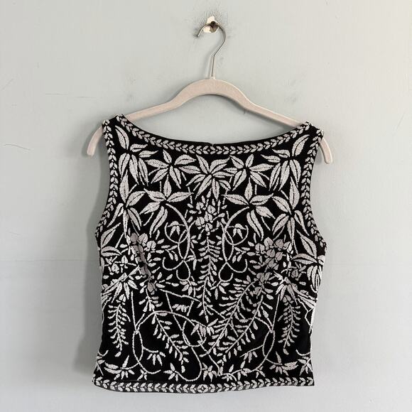 Vintage Tadashi Shoji Beaded Black Floral Y2K Sleeveless Tank Top - Picture 2 of 5